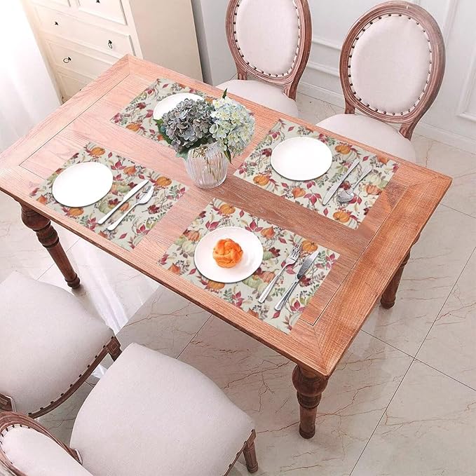 Fall Placemats Set of 4, Pumpkin Maple Leaf Flower Decorative Table Mat 12 x 18 Inch Heat Resistant Non Slip Line Fabric Autumn Thanksgiving Place mat for Dining Table