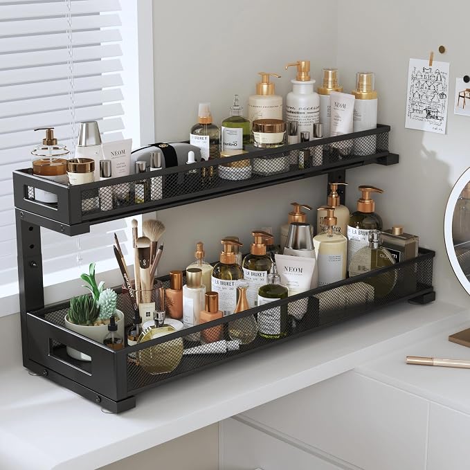 2 Pack 20.47IN Depth Under Sink Storage Organizer, Large 2-Tier Elegant Mesh Pull Out Shelf for Kitchen and Bathroom Cabinet Organization, L-Shaped and Adjustable Height Design-Black