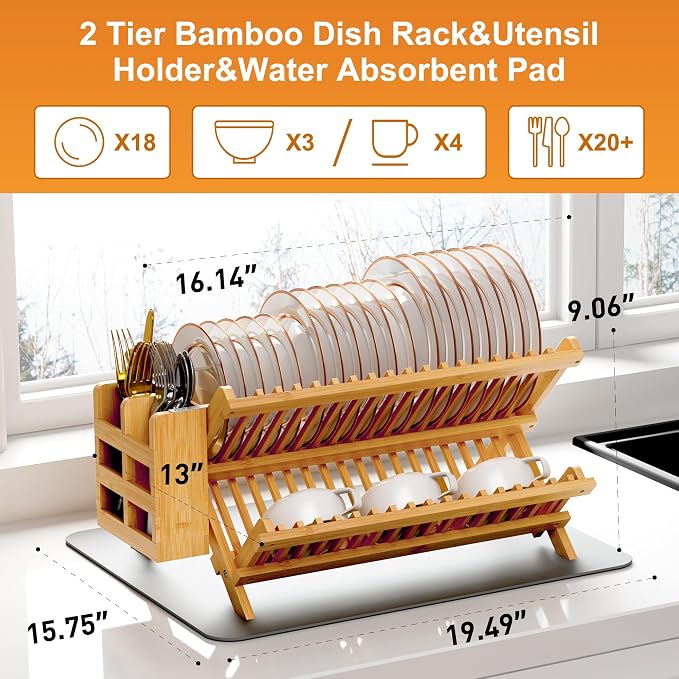 Greenual Bamboo Dish Drying Rack with Utensil Holder, 2 Tier Collapsible Dish Rack, Wooden Dish Racks for Kitchen Counter, Folding Drying Holder with Absorbent Dish Drying Mat