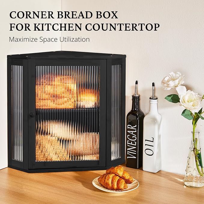BRONYPRO Corner Bread Box for Kitchen Countertop, Double Layer Bamboo Breadbox with Adjustable Partition, Modern Bread Storage Organizer (Extra Large Black)