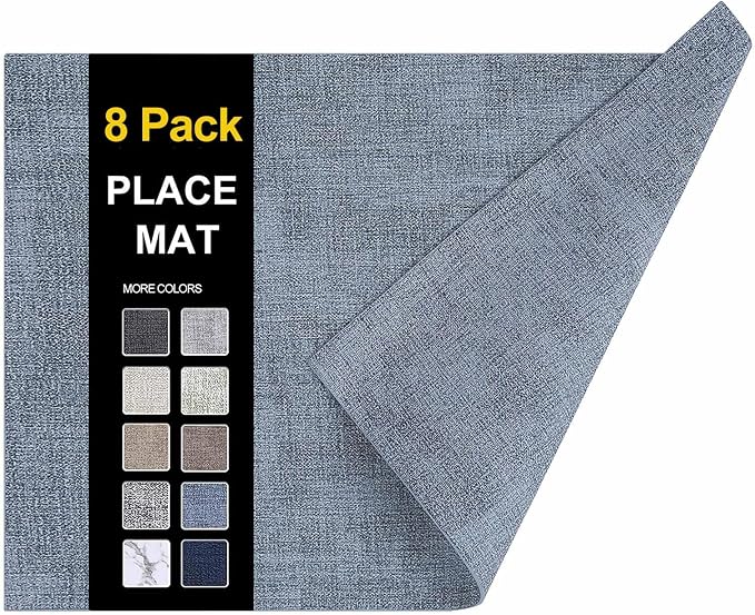 Faux Leather Heat Resistant Placemats 8 Packs, Waterproof Wipeable Dining PU Place Mats for Indoor & Outdoor, Easy to Clean, Denim Blue
