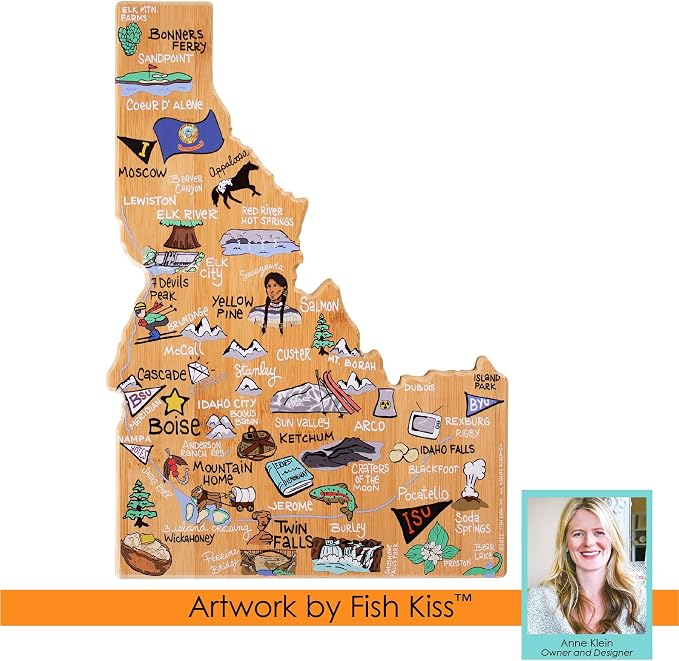 Totally Bamboo Idaho State Shaped Cutting Board, Art by Fish Kiss | State charcuterie board with colorful hand-drawn map artwork. Smooth reverse side for food prep. Hang tie for wall display.