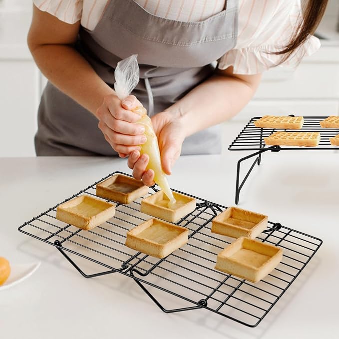 Leonyo Cooling Rack, 2 Tier Stainless Steel Stackable Baking Cooking Racks for Cooling Roasting Grilling, Collapsible & Heavy Duty, Oven Safe & Easy Clean, 15" x 10", Black