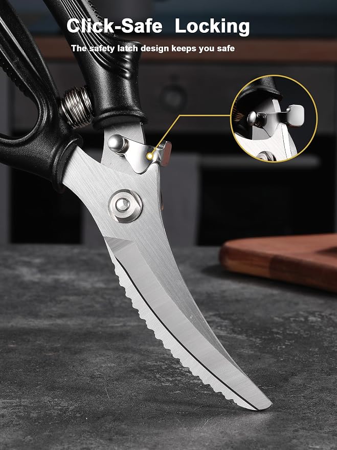 Poultry Shears, Kitchen Shears with Spring Loaded, Heavy Duty Poultry Scissors for Meat, Chicken,Turkey, Anti-Slip Handle,Safety Lock,Dishwasher Safe