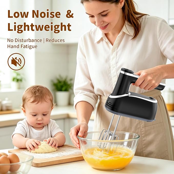 binROC Cordless Electric Hand Mixer, 12-Speed with Storage Case, Black | Rechargeable, Eject Button, LED, Self-Stand, 6×304 Stainless Attachment, Overheat Protection, Quiet for Baking Dough Cake Egg