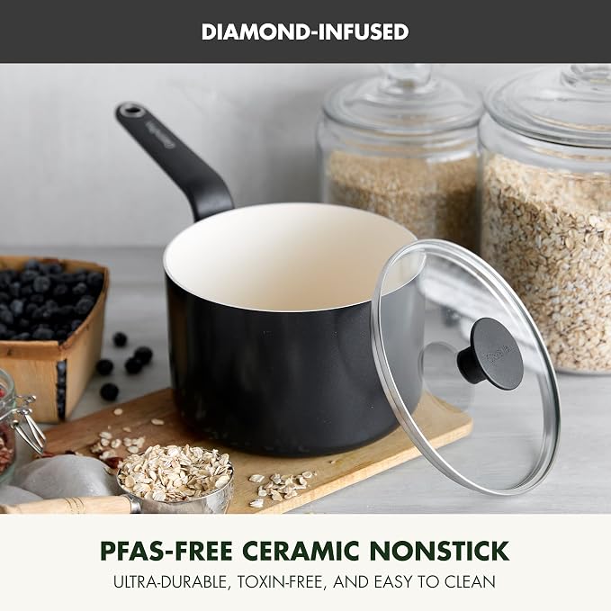 GreenPan Rio Advanced 2QT Saucepan with Lid, Ceramic Nonstick PFAS-Free Pans, Induction Ready, Dishwasher and Oven Safe, Black
