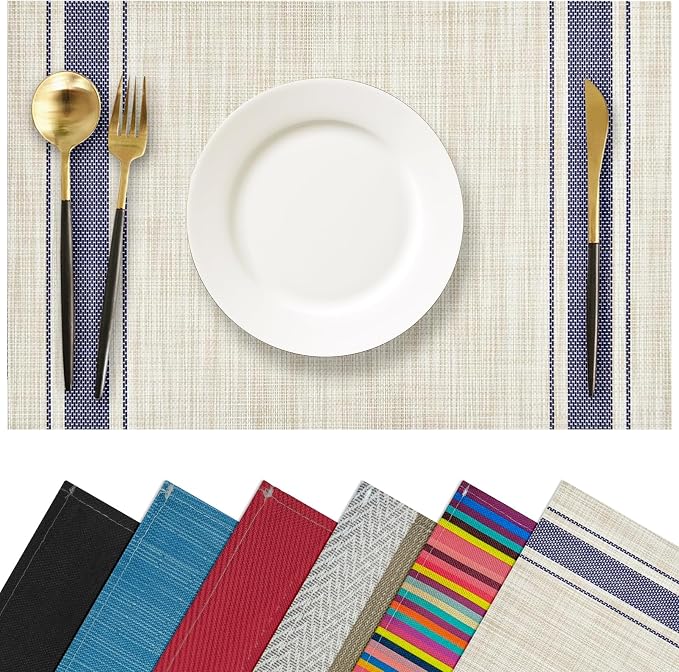 Khaki Blue Placemats Set of 4, 12x18 Inch Faux Linen Table Mats | Heat Resistant and Washable Design, Easy to Clean Surface for Dining Rooms, Kitchens, Outdoor Parties and Everyday Home Decor