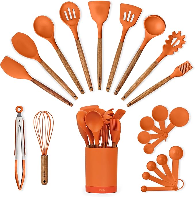 SMIRLY Silicone Kitchen Utensils Set, 22-Piece Acacia Wood Handle, Orange | Cooking Utensils Set, Spatula Set with Utensils Holder, for Nonstick Cookware, for New Home & 1st Apartmen, BPA Free