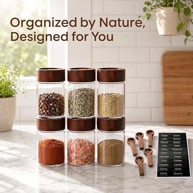 6‑Pack Small 6 Fl Oz (177 ml) Glass Jars w/Wood Lids & Spoons | Built‑in PP insert & silicone seal, airtight for oats, yogurt, spices, chia pudding & pantry