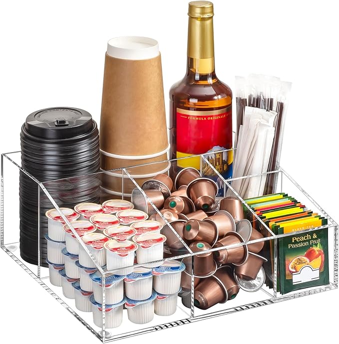 BEYGORM Acrylic Coffee Bar Station Organizer for Countertop | Coffee Gift for Coffee Lovers, Office Breakroom Storage Holder for Kcup Pod, Condiment, Cup, Tea, Creamer, Syrup (Clear)