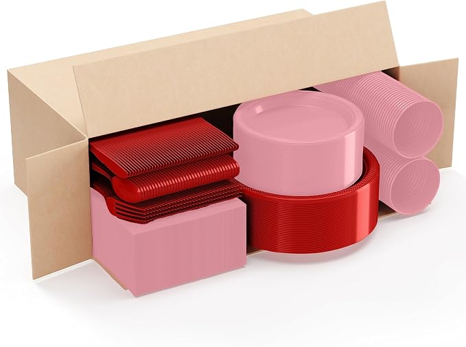 Party Solids 350 Pieces Valentines Plastic Plates For Party, Valentines Disposable Plates Set, 50 Of Each 9" Dinner Plate Set, 7" Dessert Plate, Cups, Napkins & Cutlery Plastic Dinnerware Set