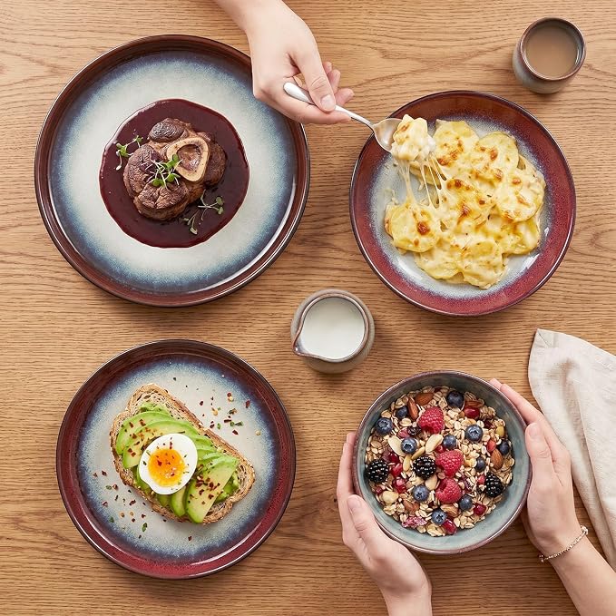 Ceramic Dinnerware (16 pcs) Serve 4 people, Plates and Bowls Sets,Handmade Reactive Glaze Dishes Set, Chip Resistant and Scratch Resistant, for Oven & Dishwasher & Microwave Safe