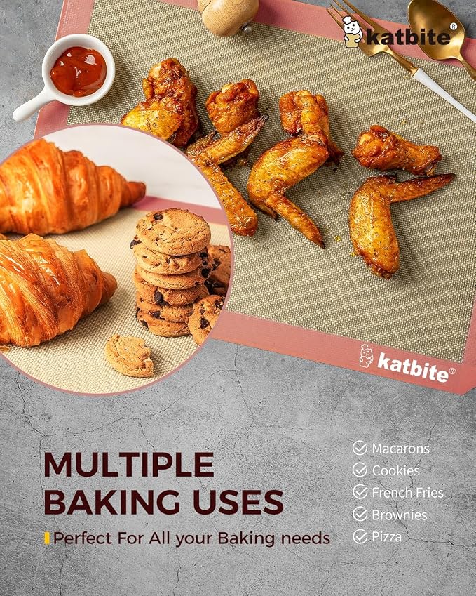 Katbite Silicone Baking Mat Set of 3 Pink | 2 Half Sheets Mats + 1 Quarter Baking Sheet, Reusable & Nonstick Bakeware Mats for Cookies, Macarons, Bread