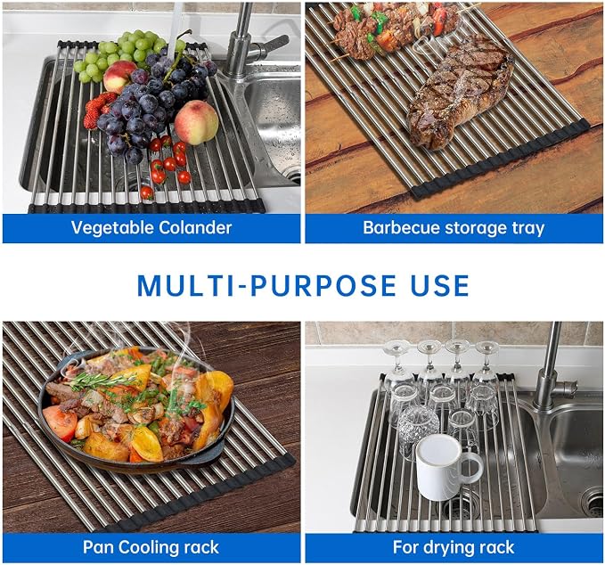Expandable Roll Up Dish Drying Rack Over The Sink Rack, Foldable Dish Drainer Rack Stainless Steel for Large Sink, Silicone Rollable Collapsible Rack 18 Tube for Kitchen(Sliver,12'' to 21.14”)