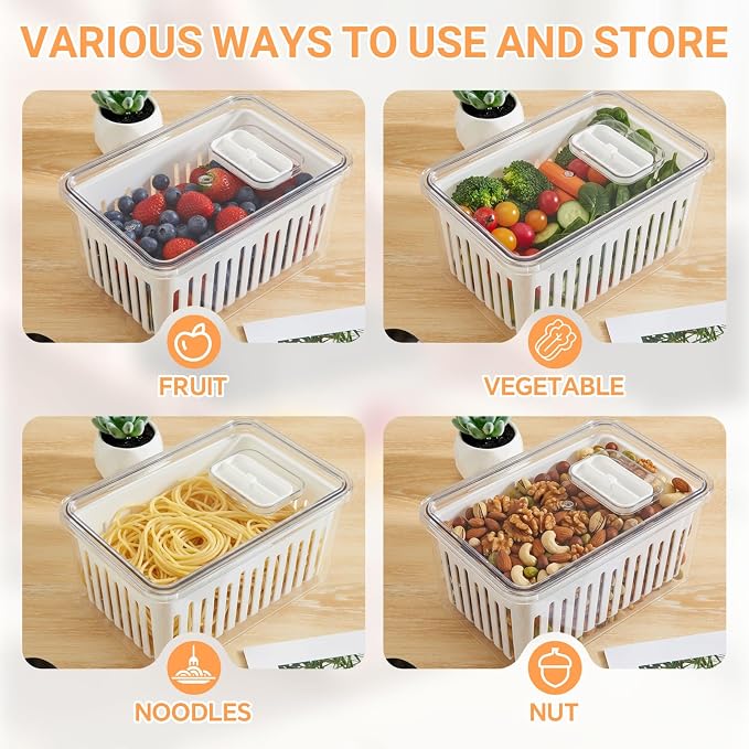 2 Pack Berry Containers for Fridge, Large Produce Saver with Removable Colander, 3.42 Quart Fruit Storage Container Keeps Strawberries, Blueberries, Vegetables Fresh, Built-in Date Tracker