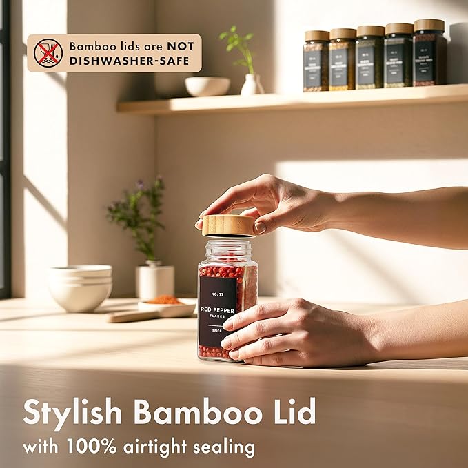 Glass Spice Jars with Label, 24x Bamboo Wooden Lids - Black Labels | Airtight Lids keep spices fresh, Kitchen Spice Drawer Organizer, 4oz Seasoning Containers incl. Funnel, Brush & 240 Labels