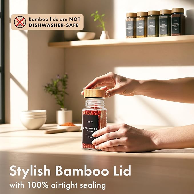 Glass Spice Jars with Label, 36x Bamboo Wooden Lids - Black Labels | Airtight Lids keep spices fresh, Kitchen Spice Drawer Organizer, 4oz Seasoning Containers incl. Funnel, Brush & 240 Labels