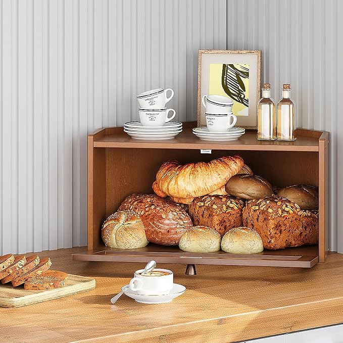 Trironsun Corner Bamboo Bread Box for Kitchen Counter Large Rustic Bread Storage Container with Acrylic Door Space-Saving Vintage Bread Keeper for Homemade Bread (Brown)
