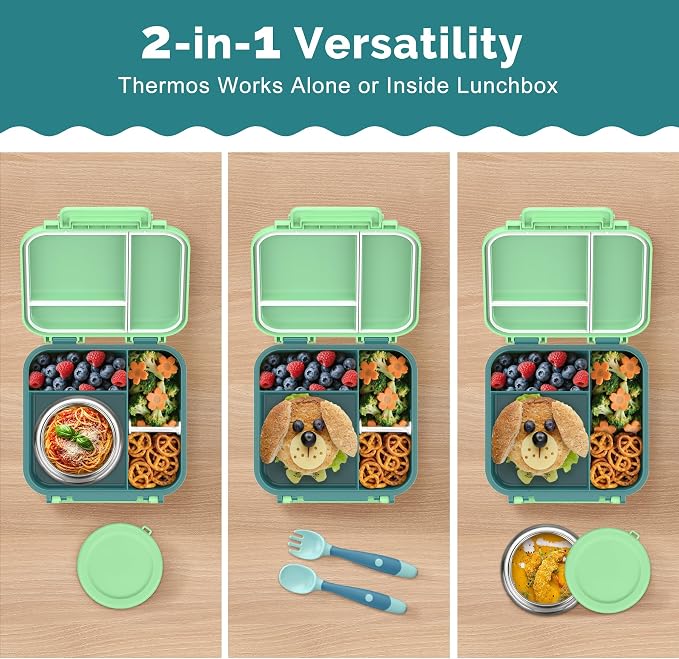 Kids Bento Lunch Box with Soup Thermo (9oz)– Hot & Cold Lunch Container with Leak Proof Insulated Food Jar for School Girls Boys, Ideal Size for Ages 3 to 7, Green