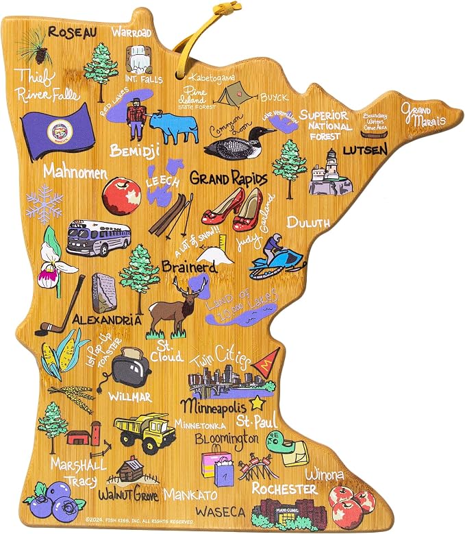 Totally Bamboo Minnesota State Shaped Cutting Board, Art by Fish Kiss | State charcuterie board with colorful hand-drawn map artwork. Smooth reverse side for food prep. Hang tie for wall display.