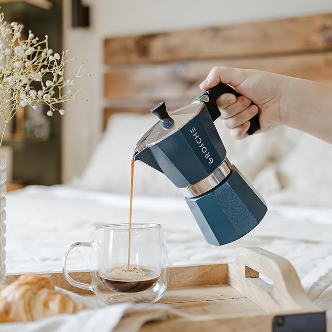 GROSCHE Milano Stovetop Espresso Maker Moka Pot 6 espresso Cup, 9.3 oz Blue | Cuban Coffee Maker And Italian Moka Pot For Stovetop Espresso; For Gas, Electric, And Propane Stoves With A Soft-Touch Handle