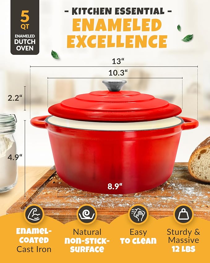 5 QT Enameled Dutch Oven for Bread Baking with Lid & Baking Set | Dutch Oven for Sourdough Bread Baking, Enameled Cast Iron with Lid, Banneton, Bread Sling, Lame, Dough Whisk & Clear Guide