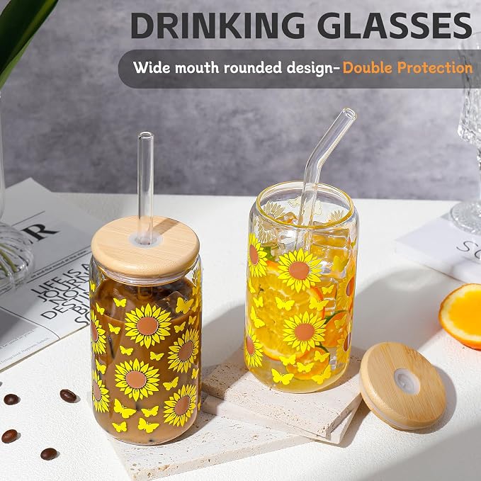 DWTS DANWEITESI Glass Cups with Lids and Straws with Design Sunflower 4 pcs,Clear Glass Cups 16 oz-Drinking Glasses Set,Glass Tumbler,Cute Design Glass Iced Coffee Cups with Lids and Straws 480ml
