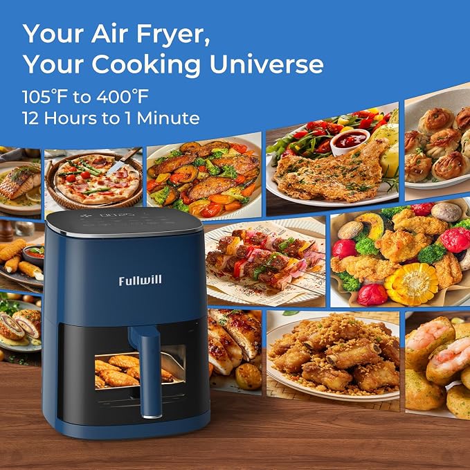 Fullwill 6QT Air Fryer with Viewing Window,12-in-1 Multi-Function Air Fry,Roast,Bake, Dehydrate, Fries,Nonstick and Dishwasher-Safe Basket,Family&friends Party,Max 400℉ Crisping 1700W,Blue