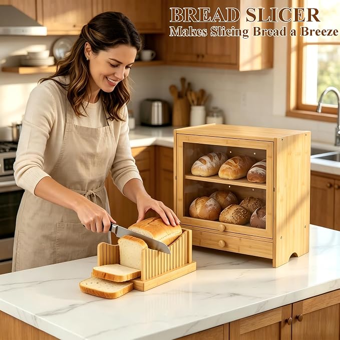 2 Tier Bread Box with Slicer and Cutting Board Extra Large | Bread Storage, Keep Bread Fresh, Bamboo, Large Capacity, Space-Saving, Acrylic Window, for Homemade Bread, Kitchen Storage