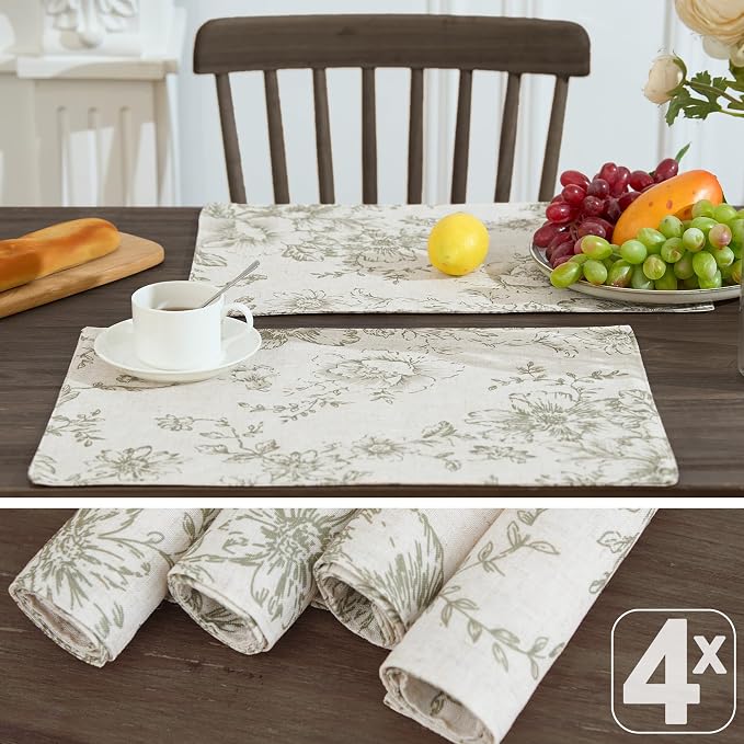 JINCHAN Alice Linen Floral Placemats Set of 4 Farmhouse 13x19 Inch Green | Fabric Placemats, Cottage Style, Floral Line Art, Machine Washable, Easy to Store, Reusable