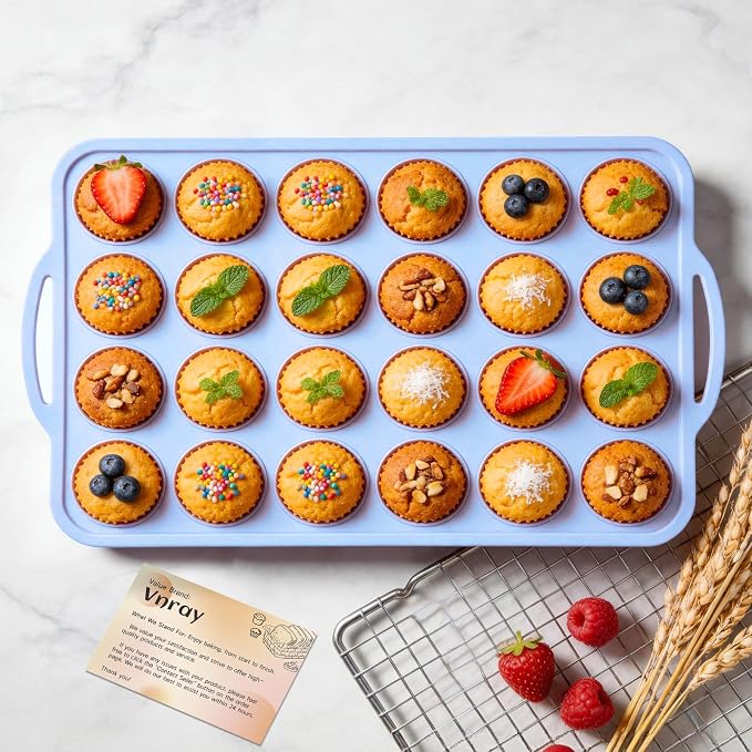 Mini Silicone Muffin Pan with Frame Non Stick Cupcake Tin Baking Mold | Silicone Cupcake Pan with Handles 24 Cup, BPA Free Silicon Muffin Tin Tray Small for Baking, Egg Bites, Cupcake Mold Blue