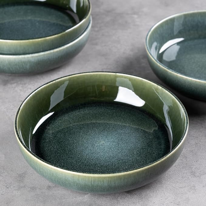 GBhome 8.75'' Large Ceramic Pasta Bowls, 38oz Stoneware Pasta Serving Bowls Set of 4 for Kitchen, Wide Bowls for Fruit,Pasta,Salad,Oatmeal,Meal, Microwave Safe, Reactive Glaze-Earth Green