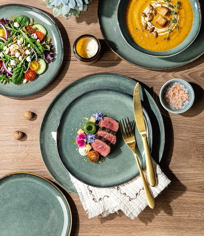 GBHOME Stoneware Dinnerware Sets for 4,12 Piece Rustic Plates and Bowls Set | Earthenware Handmade Reactive Glaze Plate Sets, Chip Resistant Ceramic Dishes, Microwave & Dishwasher Safe, Coastal Teal