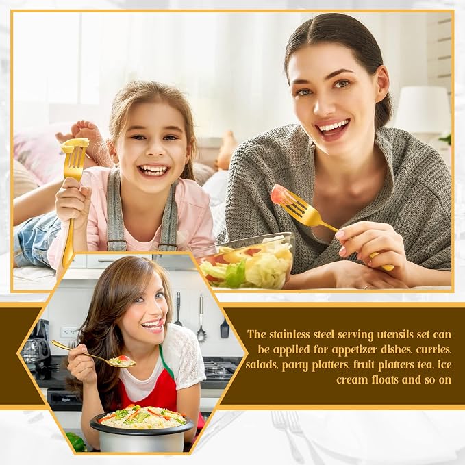 19 Pcs Serving Utensils Set Stainless Steel Tongs,Gold | Includes Spatulas Forks Spoons Perforated Skimmers, Parties Buffet Professional Kitchen Tools Home Gatherings Events