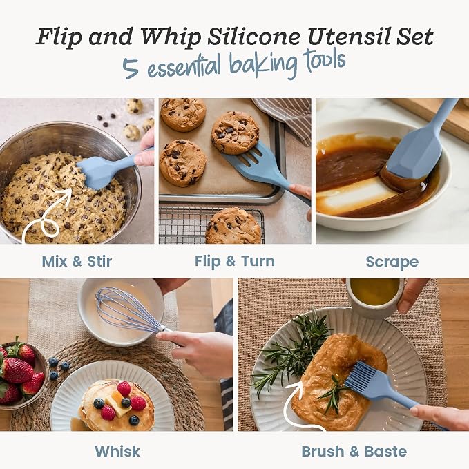 Starpack Flip and Whip Silicone Baking Utensils Set (5-Piece) - LFGB Non Toxic, 600°F Heat Resistant, BPA-Free - Whisk and Rubber Spatula Set with Pastry Brush - Dishwasher Safe, Nonstick Light Blue
