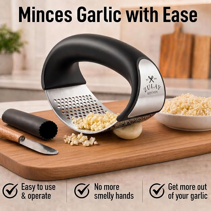 Zulay Kitchen Stainless Steel Garlic Press Rocker Set - Premium Garlic Mincer Garlic Crusher - New Innovative Garlic Crusher with Peeler and Scraper - Comfortable Grip (Black)