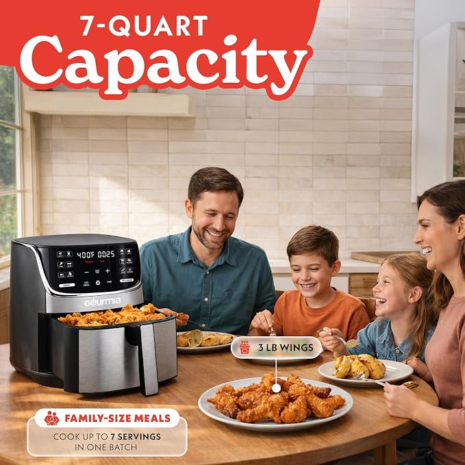 Gourmia Air Fryer - 7 Qt Capacity, LED Display, 12 One-Touch Presets, FryForce 360° Technology, Nonstick Dishwasher-Safe Basket & Crisper Tray, Stainless Steel