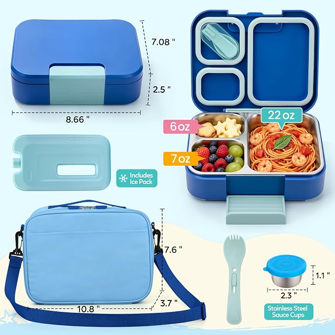 Kids Stainless Steel Bento Lunch Box Adult Boy Food Container Set with Bag | Stainless Steel Bento Lunch Box Kids Container Set Girls Boys Teens with Insulated Lunch Bag and Ice Pack for School Office