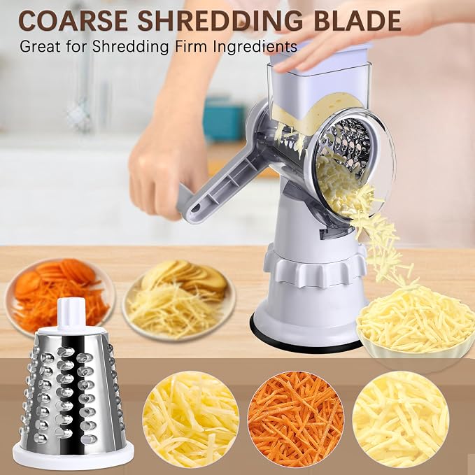 Rotary Cheese Grater Hand Crank, Vegetable Slicer with 3 Blades, Stable Suction, Labor-Saving Handle, Cheese Shredder for Potato Vegetables Nuts Chocolate, White