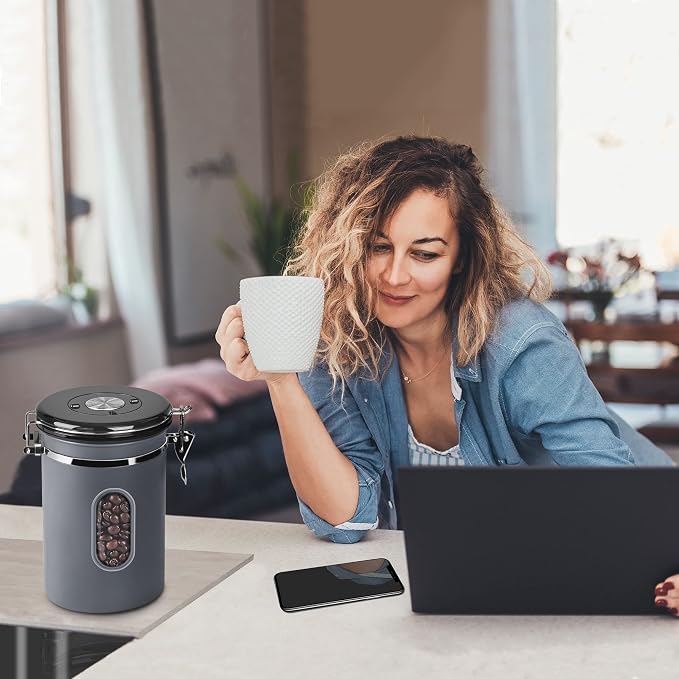 1500ML Airtight Coffee Canister with Date Tracker&Transparent Window, 18OZ Coffe Beans Storage with 30ML Measure Spoon&4 co2 Valve, Coffee Container for Grounds Coffee, Beans, Tea, Sugar, Flour(Gray)
