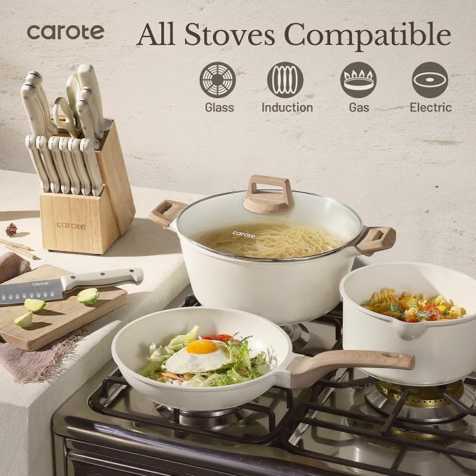 CAROTE 35pcs Pots and Pans Set, Nonstick Cookware Sets with Knife Block Set | Induction Cooking Set, Easy Clean, Fit All Stovetops, Ultra Durable, Even Heating, with Egg Pan & Kitchen Knives