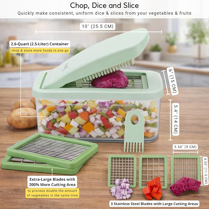 Onion Chopper Vegetable Dicer: Brieftons QuickPush Push-Down Food Chopper, Green, 3 Extra Large Blades, 200% More Cutting Area, 2.6-Quart Container, No Electricity, 12mm/23mm Dice & 6mm Slice