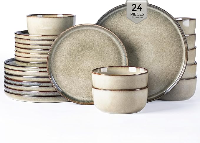 GBHOME Dinnerware Sets for 8, 24 Pieces Ceramic Plates and Bowls Set | Scratch Resistant Stoneware Dishes Set, Dishwasher & Microwave Safe, Reactive Glaze-Oatmeal