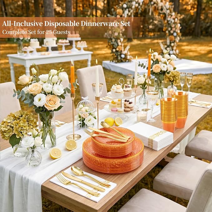 DaYammi 350PCS Clear Orange Plastic Dinnerware Set, Plastic Plates Disposable Hammered Disposable Plates for Party, Include: 50 Dinner Plates 50 Dessert Plates 150 Gold Silverware 50 Napkins 50 Cups