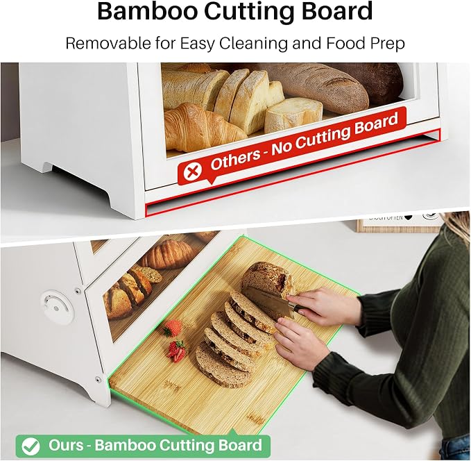 SNTD 2 Tier Bread Box for Kitchen Countertop, Adjustable Ventilation, White | Bamboo Cutting Board, Airtight Design, See-Through Magnetic Door, Bread Storage Container for Homemade Bread, Multi-purpose