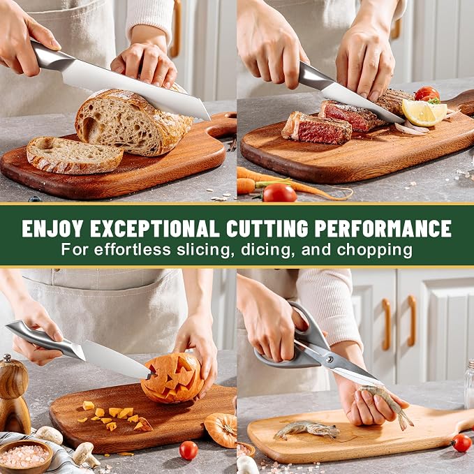 Knife Set, EWFEN 14-Piece Kitchen Knife Set with Block, German Stainless Steel Knives with Built-in Knife Sharpener, Anti-Slip Sharp Knives Set for Kitchen, Dishwasher Safe, Curved Handle