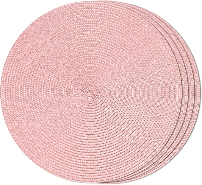 FunWheat Round Braided Placemats Set of 4 Table Mats for Dining Tables Woven Washable Non-Slip Place mats 15inch (Pink, 4pcs)
