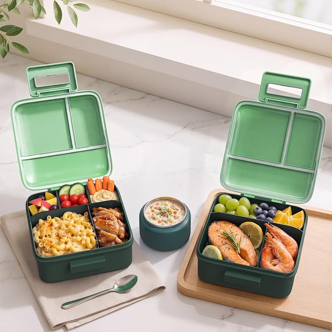 MAISON HUIS Bento Lunch Box with 8oz Soup Thermo, 5-Compartment Leak-Proof Container, Thermo Hot Food Jar and Insulated Lunch Bag, BPA Free,Travel, School (Green)