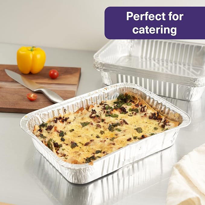 MATANA 25 Pack Aluminum Pans 10x14 - Large Aluminum Foil Pans - Lasagna Pan Disposable Baking Tins - Half Size Deep Foil Trays for Serving Food, Cooking, Roasting, Heating, Chafing, Catering, Parties
