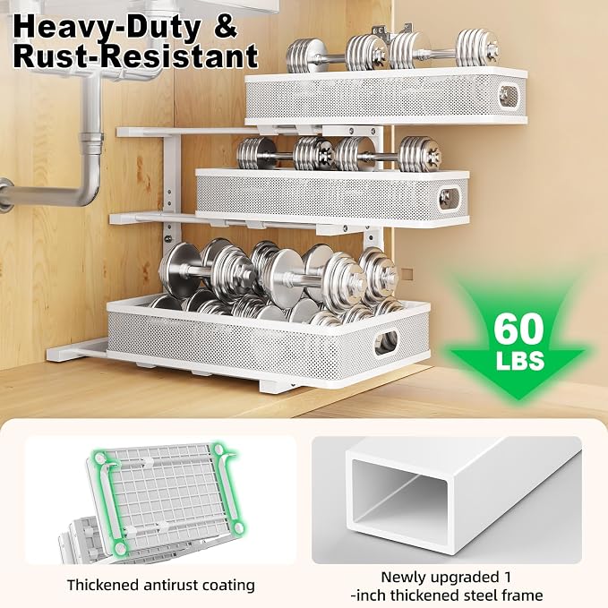 2 Pack Under Sink Organizer,3-Tier White Metal Pull Out Kitchen Cabinet Organizers,Slide Out Undersink Storage Drawers,Under The Sink Organization and Storage, Bathroom Shelves for Pantry,Laundry Room
